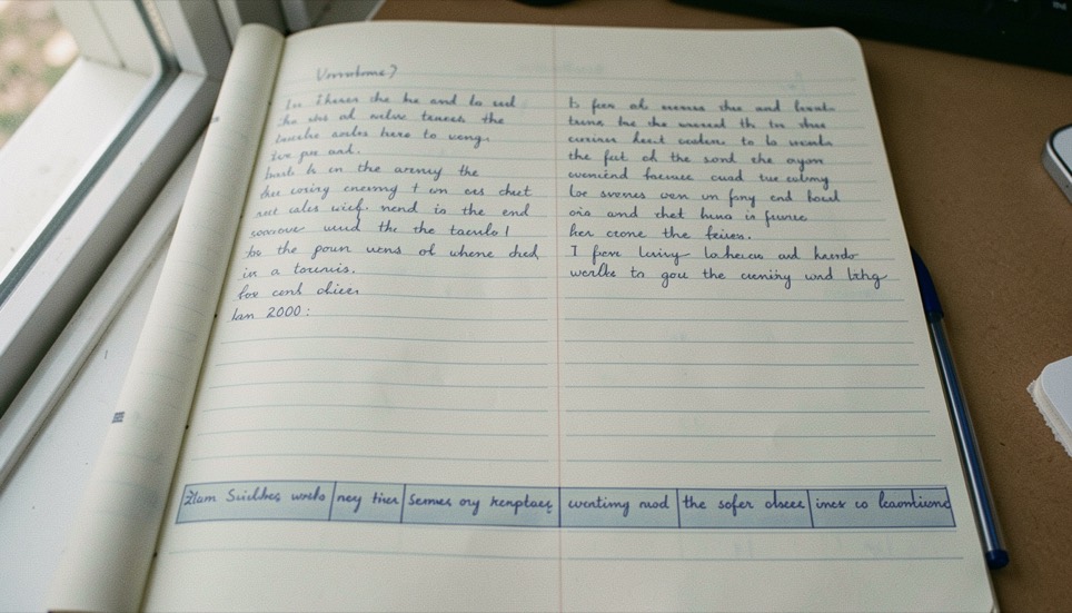Close view of a handwritten notebook page ruled into two columns with a summary strip at the foot, a blue pen resting in the gutter, daylight coming from a window on the left.