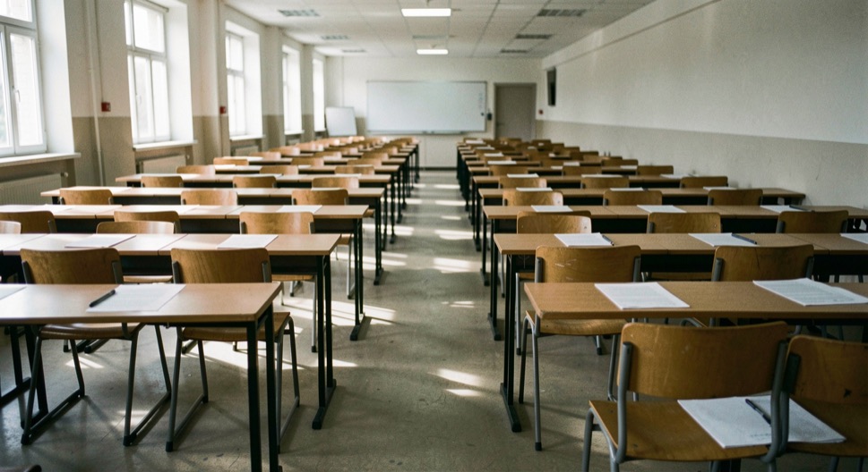 Rows of single desks in a wide hall before an exam, chairs tucked in, question papers face down, cool overhead light and long shadows.