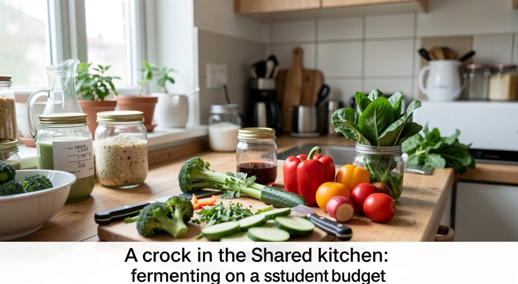 A glass jar of shredded cabbage held under brine by a small glass weight, standing on a shared student kitchen shelf between mismatched mugs and a cereal box, cool daylight from a window.
