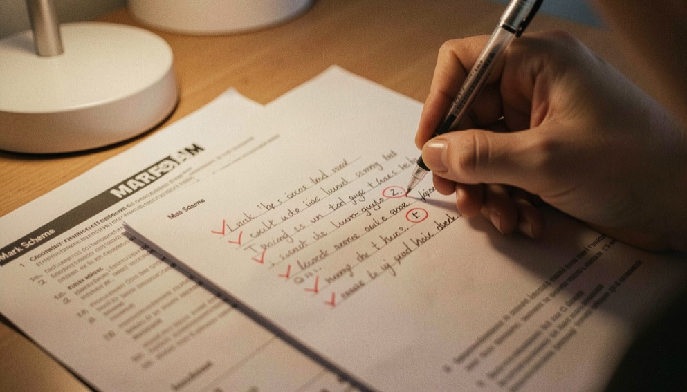 A handwritten exam script being marked in red pen, ticks and a small number circled in the margin, the printed mark scheme lying half under the page, warm desk lamp light.
