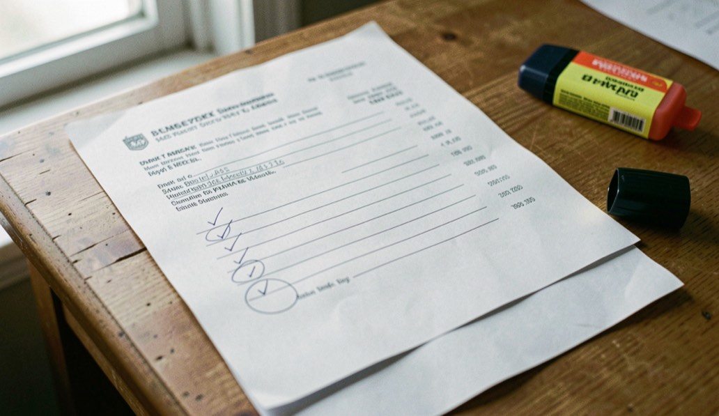 A kitchen table at 7am in winter, a laptop open on a monthly contribution confirmation page, a paper calendar with one date circled, a half-full coffee cup, soft grey window light from the left, medium close shot.