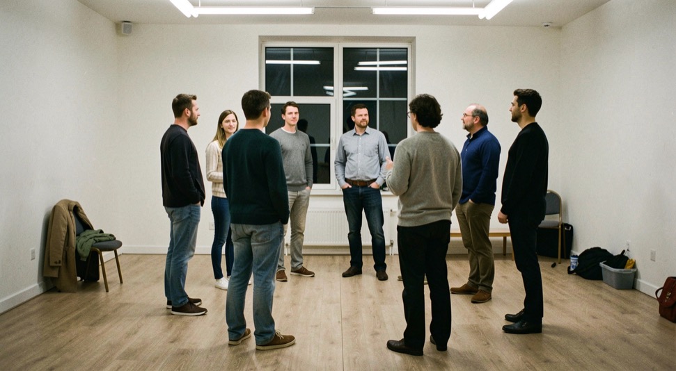 A folding table in a church gym at dusk, paper cups and a half-full pitcher of lemonade, a basketball resting against a metal chair, warm overhead light falling across scuffed wood flooring.
